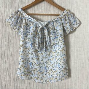 Kaari blue white blue floral off the shoulder top with neck tie ribbon size PS